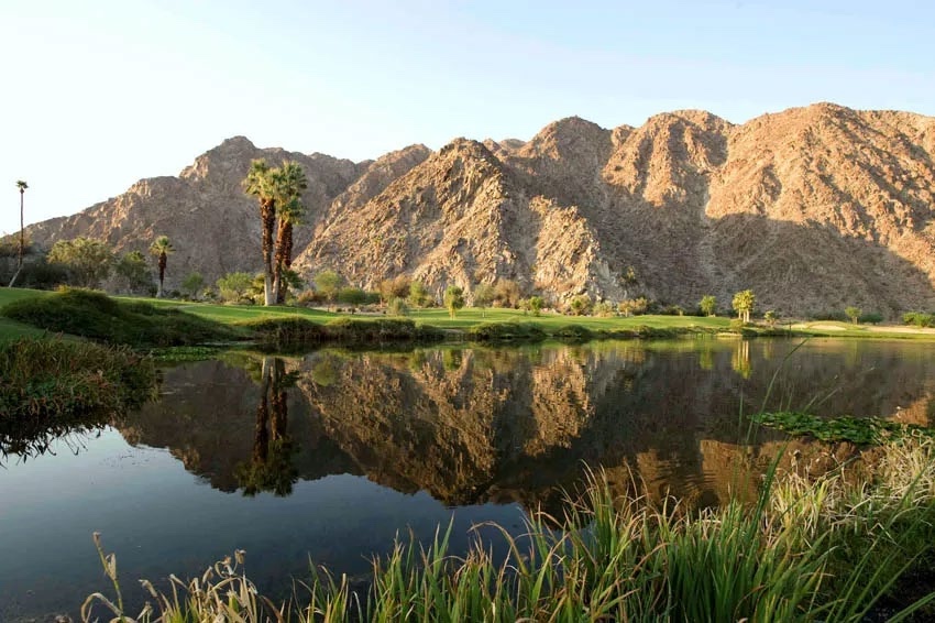 Desert golf landscape framed by the Santa Rosa Mountains